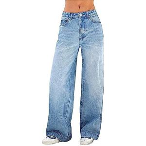 Damesjeans Stretch Denim Jeans Met Wijde Pijpen Rechte Broek Casual Katoen Relaxed Fit Baggy Losse Broek(Size:M)