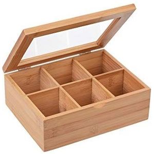 GRÄWE Opbergdoos van bamboe met 6 vakken, inklapbaar deksel, kijkvenster, doos voor het opbergen van kleine onderdelen, 21 x 16 x 7,5 cm