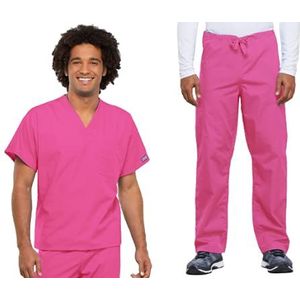 Dames Scrubs Set Workwear Originals 4777 V-hals tuniek Top & 4100 Trekkoord Cargo Broek, Schokkend Roze- M Top/L Broek