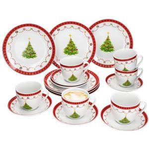 MamboCat Kerstdroom 18-delig koffieservies, porseleinen koffieset voor 6 personen met kerstdecoratie, 6 x koffiekopjes van 190 ml, schoteltjes en taartborden, servies voor Kerstmis en Sinterklaas