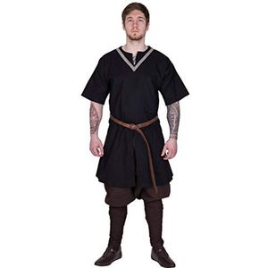 Battle-Merchant Ailrik - Heren middeleeuwse tuniek/Vikinghemd met galon - korte mouwen - carnavalkleding - krijgers - zwart - L