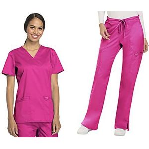 Cherokee Scrub Set Voor Vrouwen Moderne Klassieke Fit 3 Zakken V-hals Top WW620 met 5 Zakken Matige Flare Been Pant WW120, Elektrische Roze- L Top/M Lange Broek