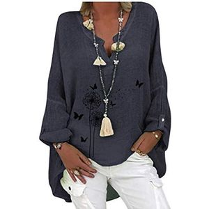 Dames Tuniek Tops Vintage Boho Paardebloem grafische Print Blouse Zomer Casual Losse Vlinder Patroon T-Shirt Lange Mouw V-hals Pullover Tee Shirt Strand Baggy Blouses Plus Size - blauw - XXL