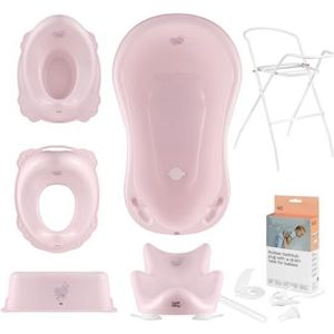 Hylat Baby Compleet Set: Stabiele Babybad Lite met Standaard, Badzitje en Afvoer, Kinder-WC-bril, Baby Potje, Opstapje - alles voor verzorging en hygiëne, Kleur: Roze, Motief: Hug Me