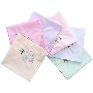 NYGGTYK 6 Stuks Retro Dameszakdoeken - Zachte Katoenen Kanten Geborduurde Zakdoeken (Wit/Roze/Geel/Lichtblauw/Lichtpaars/Lichtgroen), Wit, One Size