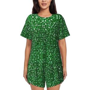 Groene pailletten Sparkle Print Dames Zomer Zachte Tweedelige Bijpassende Outfits Korte Mouw Pyjama Lounge Pyjama Sets, Zwart, L