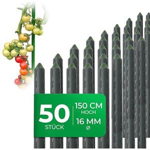 Novatool 50 stuks plantenstokken, 150 cm, groen, 16 mm, diameter zeer stabiel, metalen buis, met kunststof ommanteld, klimstaven voor planten, klimhulp, komkommers, tomatenstokken voor klimplanten,