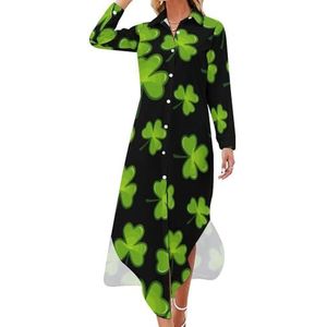 St Patricks Day Shamrock Maxi-jurk voor dames, lange mouwen, knoopsluiting, casual party, lange jurk, 5XL