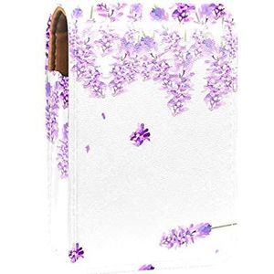 Paars Lavendel Prints Lipstick Case Mini Lipstick Houder Organizer Tas met Spiegel voor Portemonnee Reizen Cosmetische Pouch
