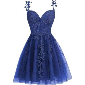 KIYNE Kant Applique Tule Schoolgala Jurken voor Tieners Spaghetti Band V-hals Korte Galajurk Baljurk, koningsblauw, 34