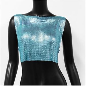 Sexy metalen pailletten tanktop for dames zomer strand backless crop top rave festival club outfits hemdje (Kleur : Sky Blue, Size : S)