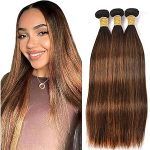 Tuheerst Straight Human Hair Bundles P430 Highlight Brown Real Hair Human Hair Extensions Sew in Hair Extension 3 Bundles Double Weft Remy Hair Low Shedding for Woman 18 18 18 Inch