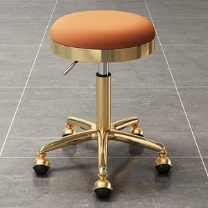 FXLUHAY Verstelbare kruk met wielen, draaibare zitting en verstelbare hoogte, werkplaats kruk, 360° verstelbare ronde PU-lederen draaibare kruk, salonstoel (oranje)