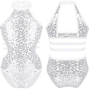 NUOYIXUAN Balletpak voor meisjes, glinsterende pailletten, mouwloos, met dunne bandjes en tailleriem (wit, 14)