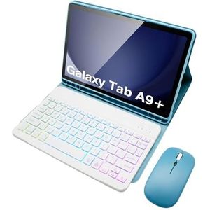 Toetsenbordhoes Voor Samsung Galaxy Tab A9 Plus/A9+ 5G 11 Inch (SM-X210/X216/X218), 7-Kleurig Regenboogkleurig Verlicht Afneembaar Toetsenbord Met Muis, S-Penhouder,Mist blue