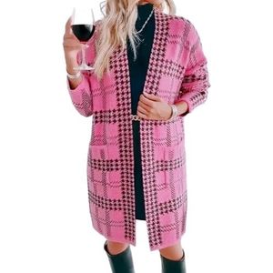 Dames Color Block Lange Cardigan, Grof Geruit Oversized Open Voorkant Trui Jas(Pink,XL)