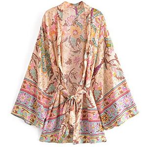 Vintage Pauw Bloemenprint Sjerpen Kimono Vrouwen Bohemian V-hals Batwing Mouwen Korte Gewaad Kimono, roze, L