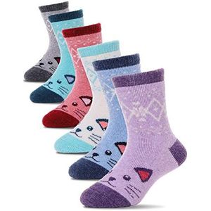 Meisjes Jongens Wol Sokken Leuke Patroon Warm Thermische Dikke Katoen Winter Crew Sokken Voor Kind Kid Peuter 6 Pack (Sneeuwvlok Kat,1-3 Jaar)