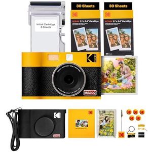 KODAK Mini Shot 2 ERA 4PASS 2-in-1 Instant Camera en Fotoprinter (5,3 x 8,6 cm), eerste 8 vellen + 60 vellen pakket, accessoirebundel, geel