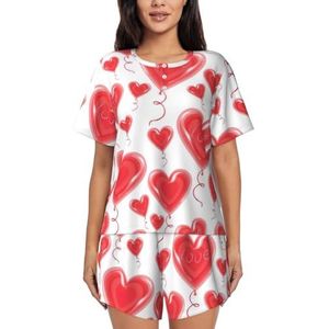 YQxwJL Romantische Rode Hart Print Vrouwen Pyjama Sets Shorts Korte Mouw Lounge Sets Nachtkleding Casual Pjs Met Zakken, Zwart, 3XL