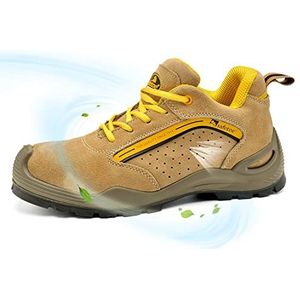 SAFYEAR Ademend lederen werk veiligheidsschoenen - 7296YN lichtgewicht site veiligheidstrainers met 4E Wide Fit stalen neuscap, antislip werklaarzen voor mannen en vrouwen, Beige, 46 EU
