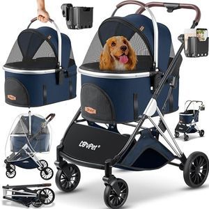 LOVPET® Hondenwagen 3in1 hondenbuggy, hondenbox transporttas, 360 graden grote wielen opvouwbaar huisdieren buggy met netvensters en regenbescherming, jogger kattenbuggy voor kleine honden/katten