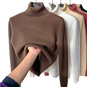 Winter Fleece Thick Knitted Bottoming Shirt, Knit Ribbed Plain Sweater Knitwear Tops, Casual Thick Turtleneck Sweater Soft Thermal for Women (Large,Brown)
