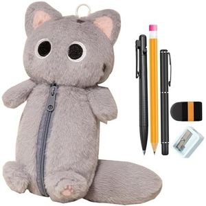 Pluche dierenetui, gevuld etui, knuffeldier, kat, cosmetica-organizer, creatieve make-uptas met ritssluiting, make-uptas met ritssluiting voor lippenstift, wenkbrauwen, Grijs kattenetui, Siehe