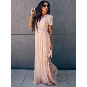 Kant Lange Jurk Vrouwen Sexy V-hals Korte Mouwen Hol Bloemen Kant Trouwjurk Party Boho Maxi Jurk Wit Gewaad Femme-roze, M