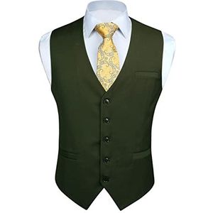 Enlision Gilet voor heren, formele effen giletjes voor bruiloft, effen kleur smoking, smokingjas, zakelijk pak, vest met zakken XS-4XL, legergroen, 4XL
