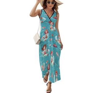 Lovely Mermaids Ship Mouwloze V-hals Maxi-jurk Casual Zomer Lange Jurk