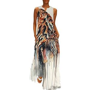 Abstracte tijger schilderij dames enkellange jurk slanke pasvorm mouwloze maxi-jurken casual zonnejurk S