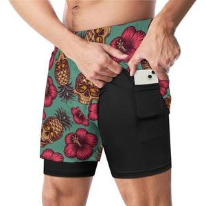 Hawaiiaanse schedel en bloemen grappige zwembroek met compressie voering en zak voor mannen board zwemmen sport shorts