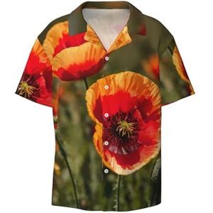 EdWal Poppy Bloemen Print Heren Korte Mouw Button Down Shirts Casual Losse Fit Zomer Strand Shirts Heren Jurk Shirts, Zwart, 3XL