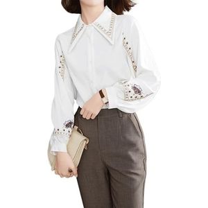 ROUZIHU Retro wit overhemd chiffon lange mouwen top geborduurd revers lange mouwen business top, 1 kleur, XXL