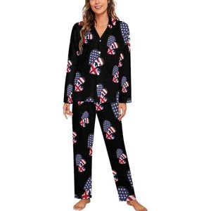 Harten Amerikaanse Engeland Vlag Vrouwen Lange Mouw Button Down Nachtkleding Zachte Nachtkleding Lounge Pyjama Set XL