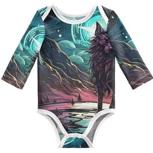 KAAVIYO Green Moonwolf babybody met lange mouwen, katoenen bodysuit voor neutrale pasgeborenen, 3-24 maanden, Patroon., 3 Maanden