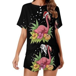 Leuke Kerst Flamingo Zachte Womens Pyjama Korte Mouw Pyjama Loungewear met Zakken Gift voor Thuis Strand L
