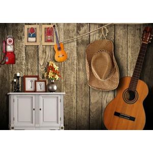 Fotobehang slaapkamer 3D-behang 3D-effect woonkamer gitaar vintage houten plaat houtnerf gitaar cabine achtergrond muur 300 cm x 210 cm decoratie, wandbekleding, muurdecoratie, muur