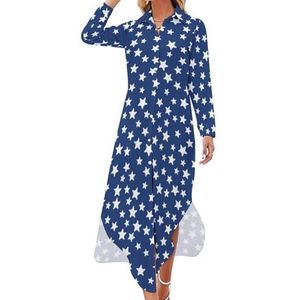 Marineblauw Night Sky Stars Maxi-jurk voor dames, lange mouwen, overhemd met knopen, casual feestjurk, 2XL