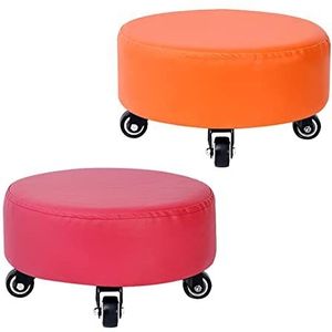 FZDZ Lage kruk set van 2, comfortabele stoel rolkrukken met wielen, thuis slaapkamer korte stoel om op te zitten, schattige ronde kleine krukken, extra dik kussen (kleur: roze+oranje)