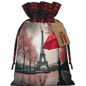 Eiffeltoren met rode paraplu patchwork jute trekkoord geschenkzakje - perfect voor feestdagen en speciale gelegenheden