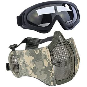 Aoutacc Airsoft beschermende uitrusting, set met halfgelaatsmaskers met oorbescherming en bril voor CS / jacht / paintball / schietsport, camouflage-patroon