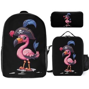 Piraat Flamingo Grappige 17 Inch Laptop Rugzak Lunch Tas Etui Lichtgewicht 3-delige Set voor Reizen Wandelen Camping