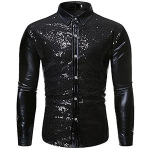 Take Idea Heren pailletten verguld patroon slim fit danstop met opstaande kraag mode patchwork overhemden stretch materiaal functioneel shirt zacht vrijetijdshemd, zwart, XL