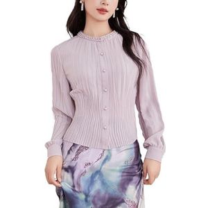 ROUZIHU Ronde hals kralen chiffon shirt professioneel woon-werkverkeer gerimpeld knoop shirt dames slim shirt(Purple,XXL)