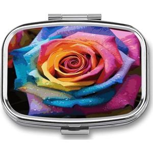 Regenboog Rose Bloem Pil Doos Pil Organizer Pil Case 2 Compartiment Geneeskunde Pil Organizer Kleine Pil Case Pil Container Pil Houder Leuke Pillendoos Mini Pil Case