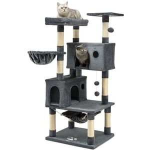 lionto krabpaal voor katten met 3 pluche ballen & 2 hangmatten, hoogte 140 cm, kattenboom met sisaltouw & zacht pluche, comfortabele ligplek & holen, geschikt voor kleine & grote katten, donkergrijs