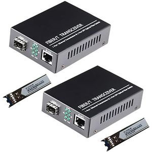 Een paar Gigabit Ethernet SFP Fiber Media Converters met Dual Core LC Transceiver Module, Single-Mode LC, SMF RJ45 naar SFP Slot tot 20KM, 10/100/1000Base-Tx naar 1000Base-SX (2 Pack)