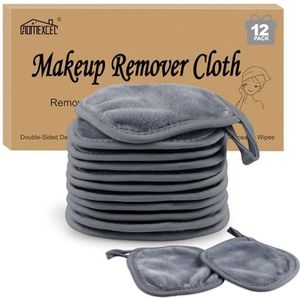 HOMEXCEL Make-up remover doek 12 stuks, herbruikbaar, wasbaar, ultrazachte gezichtsreinigingspads voor alle huidtypes, 5 x 5 inch, grijs